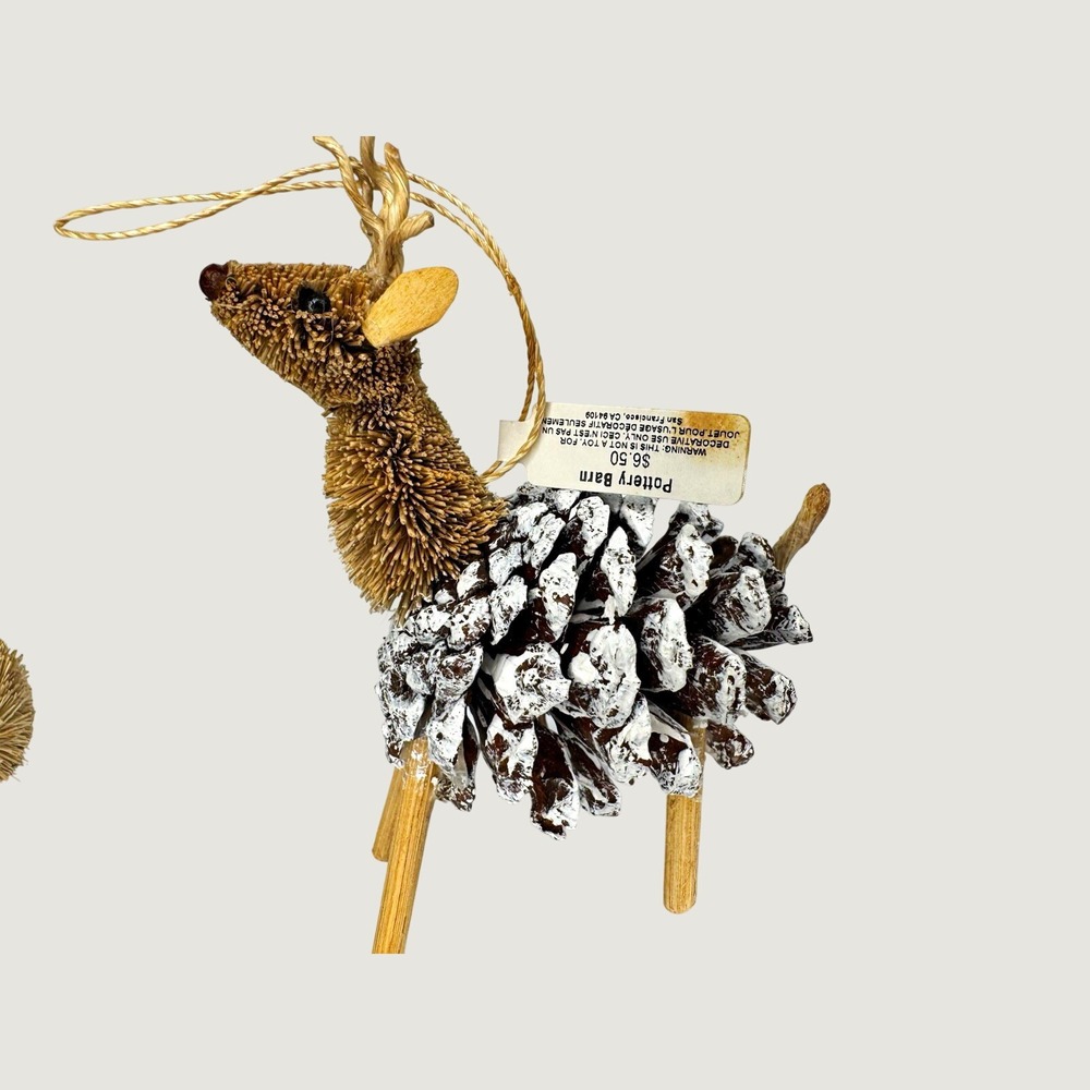 Pottery Barn NWT Pine Cone Wood Reindeer Hanging Ornament Brown White Christmas